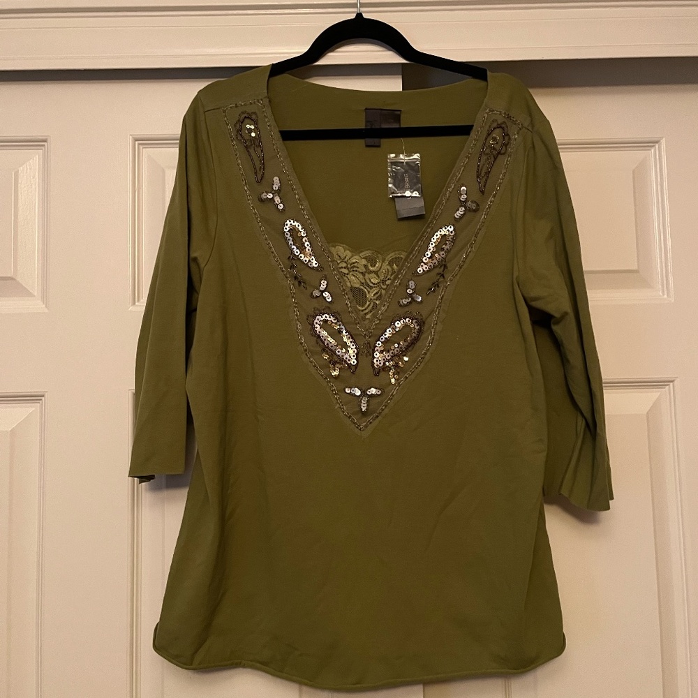 LANE BRYANT NWT | Green Beaded & Lace Half Sleeved Blouse